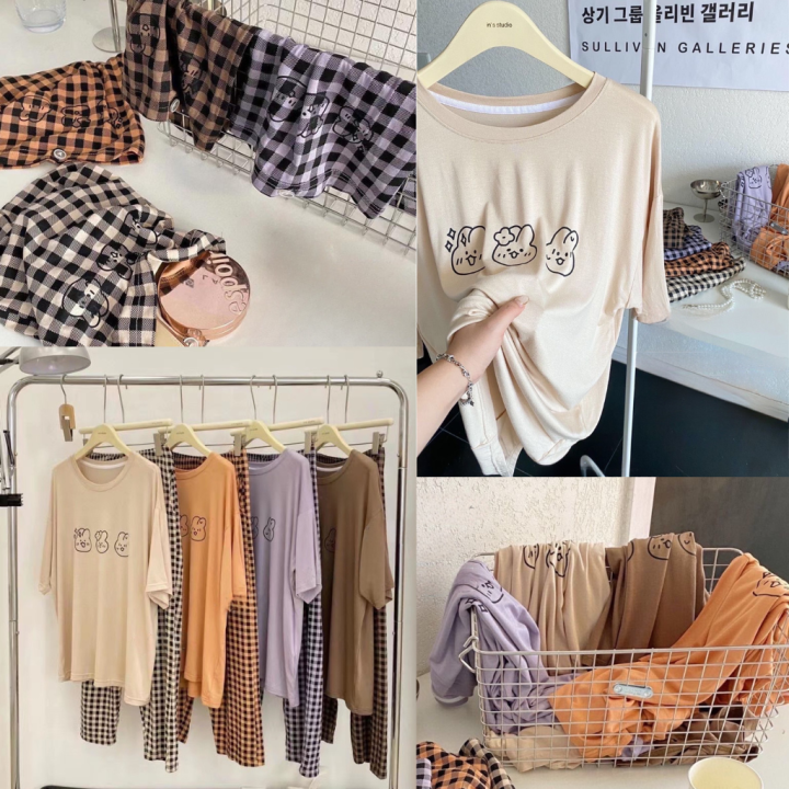 พร้อมส่ง-ชุดลำลอง-ชุดนอน-แฟชั่น-สไตล์มินิมอล-เซทชุดนอน-เสื้อคอกลมแขนสั้น-กางเกงลายสก๊อต-free-size