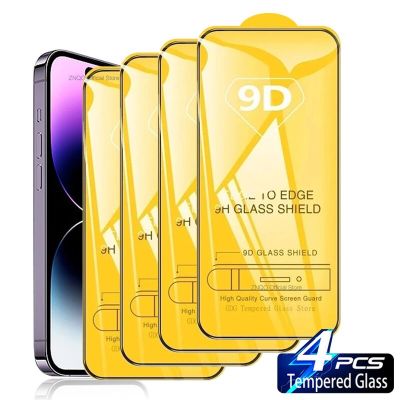 4PCS 9D Screen Protector Tempered Glass For iPhone 11 12 13 14 Pro Max Protective Glass Xs Max XR 12 13 Mini 14 Plus Full Cover