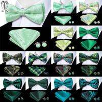 Hi-Tie Sage Mint Grass Teal สีเขียวผ้าไหม Mens Bow Tie Hanky Cufflinks ชุด Pre-Tied ผีเสื้อโบว์ Bowtie สำหรับชายงานแต่งงานธุรกิจ