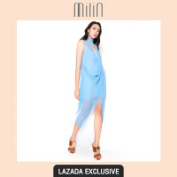 [EXCLUSIVE] [MILIN] Asymmetric high neck sleeveless front drape detail sheer chiffon dress  ชุดเดรส คอสูง แขนกุด ชายไม่เท่ากัน จับเดรปด้านหน้า ผ้าชีฟอง Plam Dress