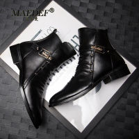 MAEDEF British Style Mens Boots PU Buckle Boots Men Casual Warm Cotton Boots Fashion Black Non Slip Winter Boots Men Waterproof