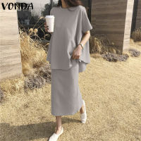 VONDA เสื้อสตรีคอกลมแขนสั้น,เสื้อยืดและกระโปรงยาวเอไลน์เอวสูงจับจีบชุดลำลองสไตล์เกาหลี