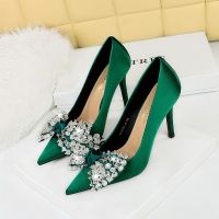 3391-2H9 Fashionable Banquet High Heels with Thin Heels, Satin, Shallow Mouth, Pointed Head, Rhinestone Bow Tie, Single Shoe, Female