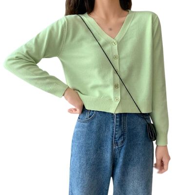 Vintage Stylish Solid Color Knitted Cardigan Women Fashion V Neck Long Sleeve Loose-fitting Sweater Top