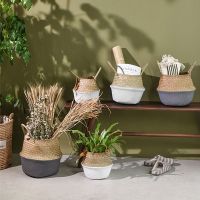 【CC】 Woven Storage Basket Folding Clthoes Wicker Rattan Seagrass Belly Garden Pot