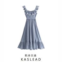 KASLEAD new womens European and American wind restoring ancient ways of French grid accept waist lace collar dress show thin lotus leaf ❤