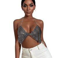 ผู้หญิง Tops Brilliant คริสตัล Rhinestone ผู้หญิง2022เซ็กซี่โลหะ Halter Backless Night Club Diamond s Top สำหรับ Lady