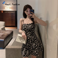 HuaX Women Sling Dress Daisy Print High Waist Slim Summer Lady Short A-line Dress