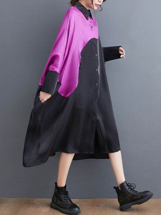 xitao-dress-loose-irregular-contrast-color-patchwork-shirt-dress