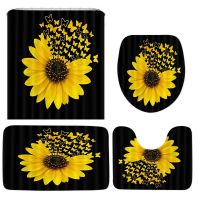 Sunflower Pattern Shower Curtain Set Toilet Cover Rug Carpets Non-Slip Kitchen Bath Mat Bathroom Set Decoration