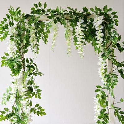 [AYIQ Flower Shop] 7Ft สีขาว Wisteria ดอกไม้ประดิษฐ์ Garland ปลอมผ้าไหม Vine หวายแขวนดอกไม้สำหรับบ้านสวนงานแต่งงานดอกไม้ Decor