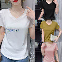 พร้อมส่ง เสื้อยืดคอวีสั้นสไตล์เกาหลีเรียบง่ายลำลองสำหรับผู้หญิง