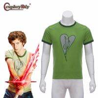 【Lao Zhang Fashion Cosplay】 Cosplaydiy Scott Pilgrim คอสเพลย์เครื่องแต่งกาย Heart Ringer เสื้อสีเขียวพิมพ์เสื้อยืด Tee ผู้ชายลำลองแขนสั้นด้านบน Scott Pilgrim