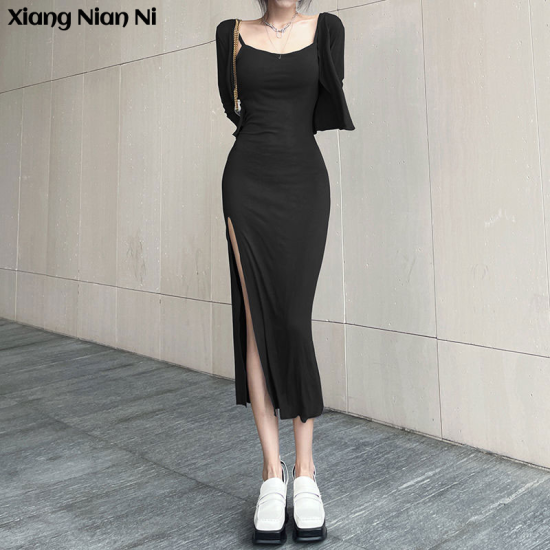 Xiang nian ni bộ hai món cho nữ đầm xẻ + bộ áo thun tay dài màu trơn - ảnh sản phẩm 1