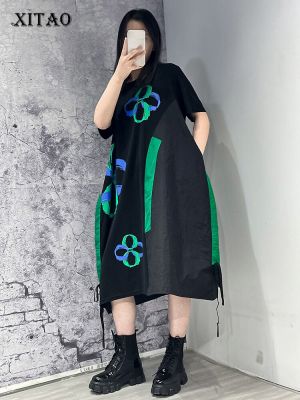 XITAO Dress Loose Fashion Casual Women Flower Print T-shirt Dress