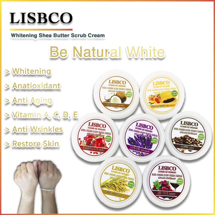 สครับขัดผิวขาว-ครีมสครับเชียร์บัตเตอร์-scrub-whitening-shea-butter-body-สครับขัดตัว-เผยผิวกระจ่างใส-ผลัดเซลล์ผิว-เนื้อสครับเนียนนุ่ม-ธรรมชาติแท้-100