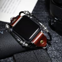 Skórzany pleciony pasek do paska Iwatch stal nierdzewna Vintage klamra Watchband moda inteligentny zegarek bransoletka do zegarka Apple