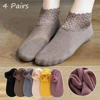 4 Pairs Casual Low Tube Lace Thermal Socks Women Thick Home Floor Socks Warm Velvet Solid Anti-slip Slippers