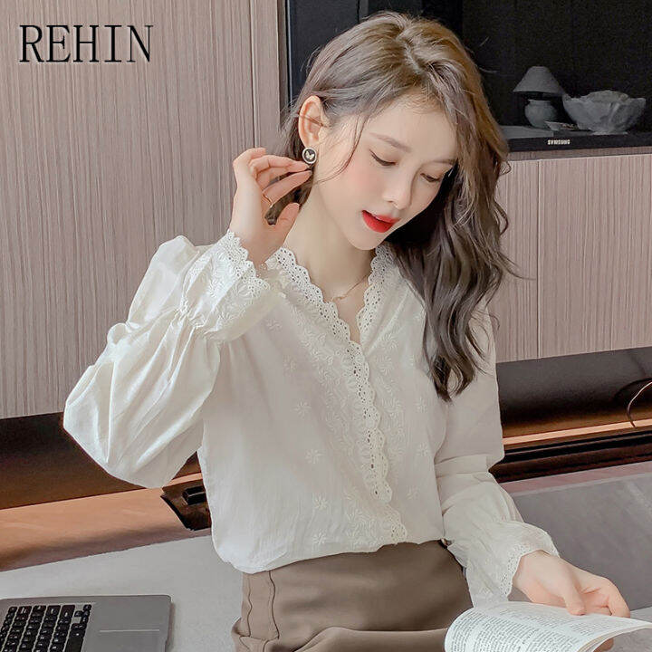 rehin-เสื้อลูกไม้คอวีสไตล์ฝรั่งเศสสำหรับผู้หญิง-เสื้อแขนยาวเสื้อแขนกว้างดีไซน์สวยหวาน