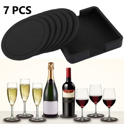 7Pcs Non-slip Silicone Drinking Coaster Set Holder Cup Coaster Mat Set Black Round Silicone Mat Home Office Table Decor Cup Pad