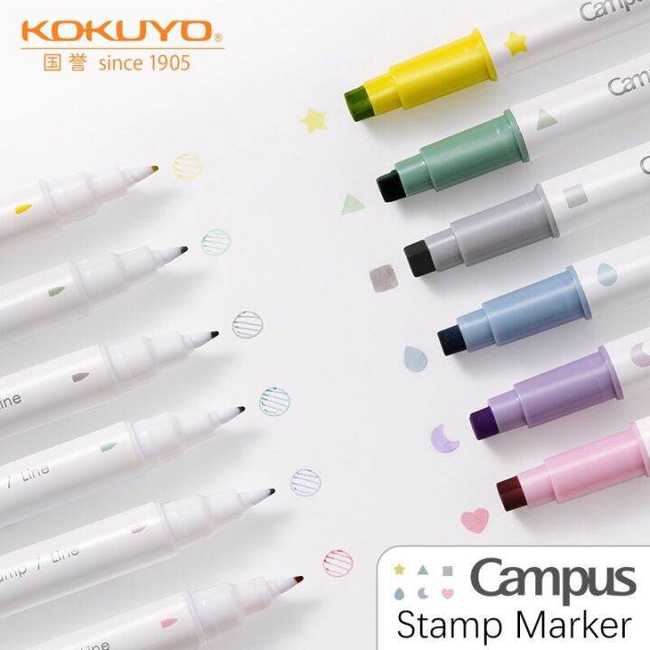 6colors-japan-kokuyo-campus-stamp-line-marker-double-tip-highlighter-with-stamp-student-cute-pens