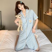 【 WYIN kitchen】 Cotton Cardigan Button Nightdress For Women Short Sleeve Nightgowns Chemise Femme Night Shirt Home Sleepwear Female Sleepshirts