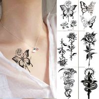 【YF】 Waterproof Temporary Tattoo Stickers Butterfly Snake Rose Flower Gun Dark Flash Small Women Body Art Wrist Neck Fake Tattoos Men