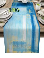 Morris8 Abstract Oil Painting Blue Table Runner Wedding Decor Party Dining Home Tablecloth Placemat