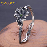 QMCOCO 925 Silver Punk celets For Women Man Fashion Vintage Unique Design Black Lotus Leaf Bangles Girl Party Jewelry Gifts