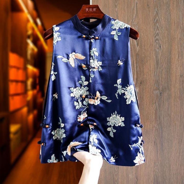 มาใหม่-ฤดูร้อนพิมพ์ผู้หญิงเสื้อกั๊กแชมเปญสไตล์จีนแบบดั้งเดิม-gilet-ด้านบนโอเรียนเต็ลชาติพันธุ์ยืนปกสีฟ้าเสื้อกั๊กแขนกุด