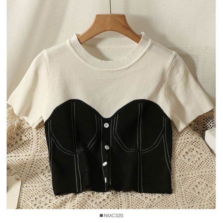 เสื้อยืดแขนสั้น-คอกลม-ผ้าถัก-แฟชั่นฤดูร้อน-สําหรับผู้หญิง-v728
