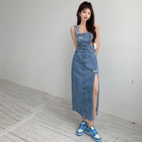 HotMEXZT S-5Xl Vintage Slit Suspender กระโปรงผู้หญิง Y2K เซ็กซี่แยก Midi Denim กระโปรง Streetwear R สปาเก็ตตี้ Slim Sundress