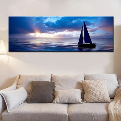 เรือบน Blue Sea Horizon ภาพวาดผ้าใบ Wall Art โปสเตอร์และพิมพ์สำหรับห้องนั่งเล่น Home Decor
