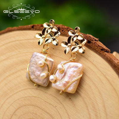 GLSEEVO Original Design Handmade Flower Drop Earrings Natural Baroque Square Pearl Earrings For Women Fine Jewelry GE0754