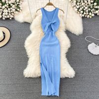 Sleeveless Hollow Split Wrap Dress Midi Sexy Fashion Elastic Tight Party Elegant Vestidos Chic Beach Vacation Summer Women Dress