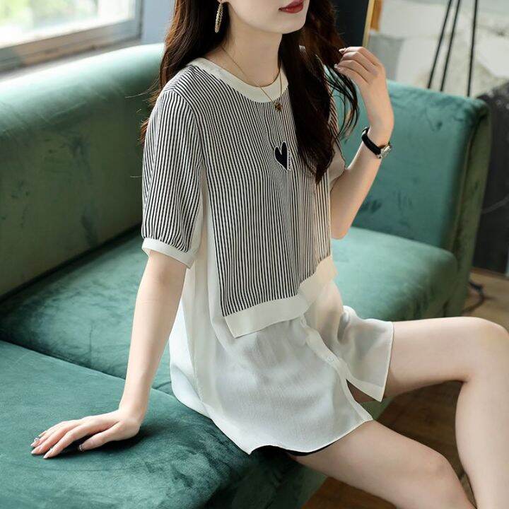 korean-style-womens-striped-stitching-t-shirt-new-design-round-neck-summer-short-sleeve-fashion-chiffon-shirt-trend