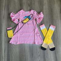 2021Girlymax back to school baby girls pencil boutique clothes children dress cotton pink stripe ruffles match socks &amp; purse