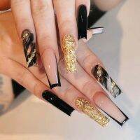 24Pcs Gilt Flash Ing Foil Design Black Nail Tips With Glue Long Square Coffin Press On Fake False Fingernails Manicure Tool Wear