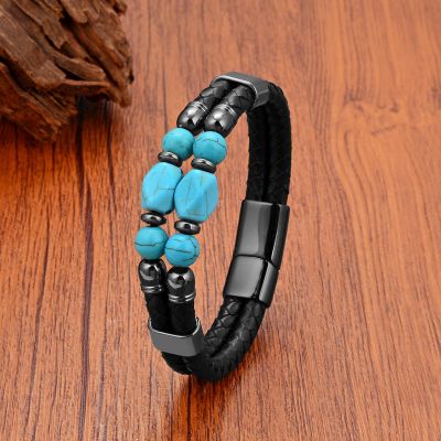 New Design Turquoise Gem Stone Beads Charm Handmade Bracelets Trendy Natural Tiger Eye Beaded Leather Bracelet For Men Women