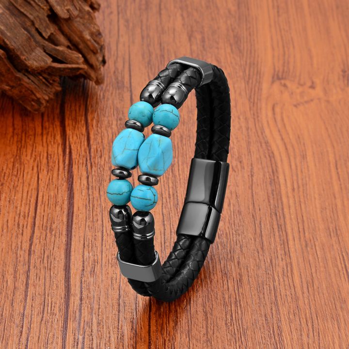 new-design-turquoise-gem-stone-beads-charm-handmade-bracelets-trendy-natural-tiger-eye-beaded-leather-bracelet-for-men-women