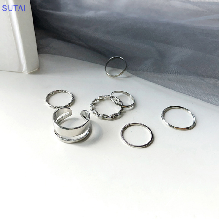 lowest-price-sutai-ชุดแหวนเครื่องประดับแฟชั่น7ชิ้นขายดีแหวนนิ้วกลมกลวงสำหรับผู้หญิงปาร์ตี้งานแต่งงานของขวัญ