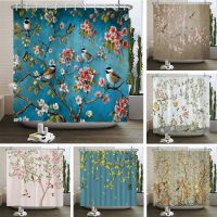 Chinese Birds Gradient Shower Curtains for Bathroom Landscape Plants Green Waterproof Fabric Polyester Bath Decor 180 x 180cm