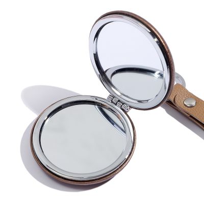 Double Sided Folding Makeup Mirror PU Metal Keychain Portable Mini Make Up Compact Pocket Mirror For Women Girls Outdoor Travel Mirrors