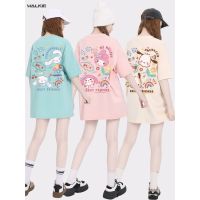 ∏❍ Walkie เสื้อยืดแขนสั้น ผ้าฝ้ายแท้ พิมพ์ลายการ์ตูนอนิเมะ Kuromi My Melody Cinnamoroll น่ารัก ทรงหลวม ขนาดใหญ่ สําหรับผู้หญิง