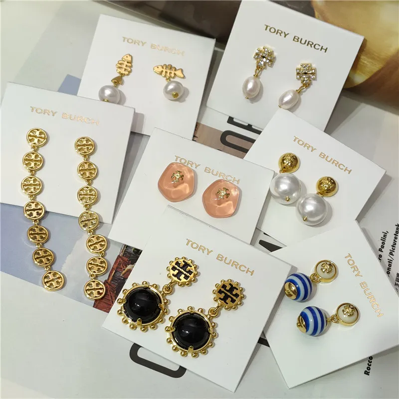 Tory Burch trend hollow ring translucent resin crystal color enamel glaze  pearl TB earrings earrings 