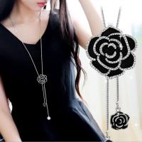 Fashion Black Rose Flower Long Necklace Sweater Chain Crystal Women Jewelry Gift