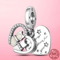 925 Silver Couple Cat Kitten Pendant in Heart Shape Dangle Charm Fit MULA Bracelet Bangle Jewelry Anniversary Party