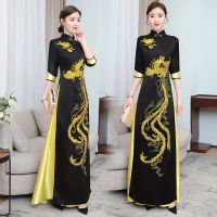 ◘✑ Chinese Style Cheongsam Vietnam Aodai Robe Harajuku Dragon Embroidery Dress Vintage China Traditional Qipao Long Oriental Dress