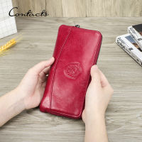 CONTACTS Genuine Leather RFID Long Womens Wallets Skull Pattern Zipper Womens Purses Card Holders Luxury Designer Money Clip