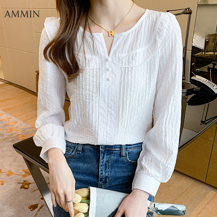 ammin-เสื้อผู้หญิงผ้าชีฟองแขนยาวมีระบาย-เสื้อผู้หญิงใส่ได้ทุกโอกาสเสื้อเชิ้ตคอวีแฟชั่นสไตล์เกาหลีเรียบง่ายแขนพองสีขาวใหม่ฤดูใบไม้ร่วงปี2021